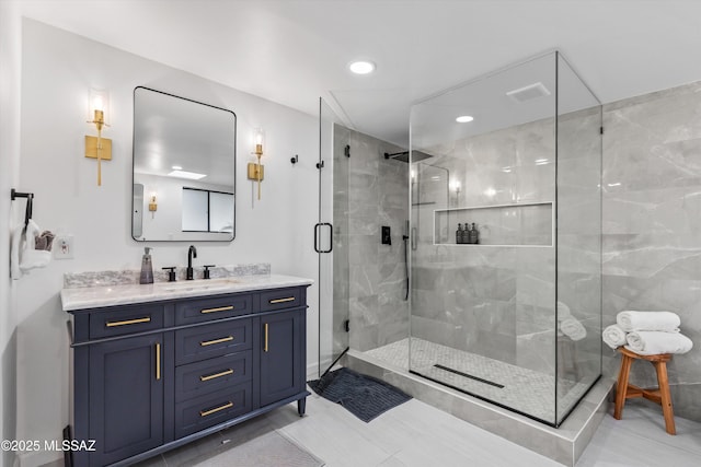 835 E Camino De Fray Marcos, Tucson, AZ 85718 - bathroom featuring a stall shower, vanity, recessed lighting, and tile patterned floors