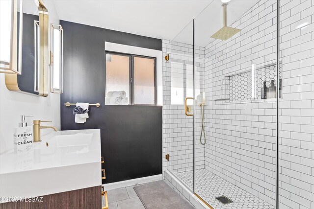 835 E Camino De Fray Marcos, Tucson, AZ 85718 - bathroom with a stall shower, vanity, and tile patterned flooring