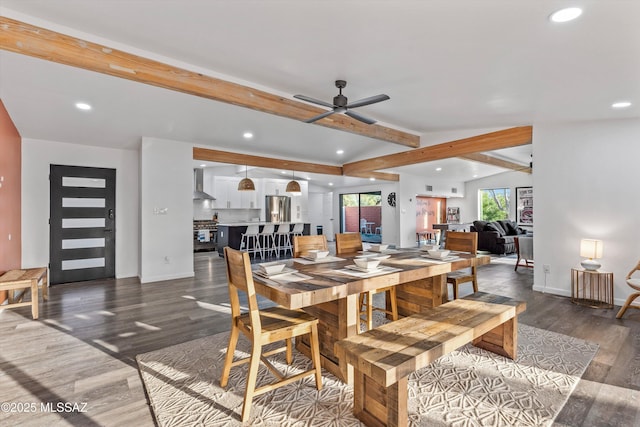 835 E Camino De Fray Marcos, Tucson, AZ 85718 - dining area with recessed lighting, beam ceiling, baseboards, dark wood-type flooring, and ceiling fan