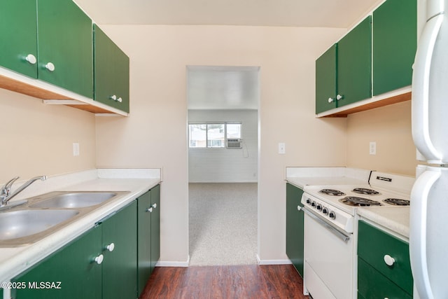 1470 S Palo Verde Ave Unit J 201, Tucson, AZ 85713 - kitchen featuring white appliances, green cabinetry, a sink, light countertops, and dark wood-style flooring