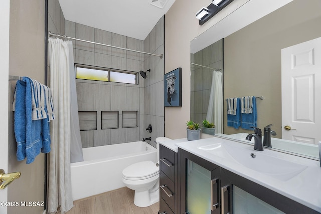 37671 S Hill Side Dr, Tucson, AZ 85739 - bathroom featuring vanity, shower / bath combo with shower curtain, wood finished floors, and toilet