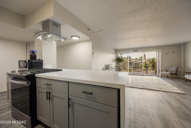425 W Paseo Redondo Unit 3D, Tucson, AZ 85701 - kitchen with stainless steel gas range, gray cabinetry, wood finished floors, light countertops, and a textured ceiling