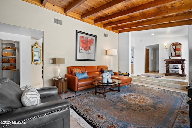 6731 N Pontatoc Rd, Tucson, AZ 85718 - tiled living room with wood ceiling with exposed beams