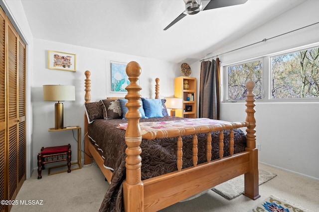 6731 N Pontatoc Rd, Tucson, AZ 85718 - bedroom featuring carpet, ceiling fan, a closet, vaulted ceiling, and baseboards