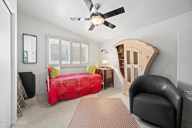 6731 N Pontatoc Rd, Tucson, AZ 85718 - carpeted bedroom featuring vaulted ceiling and a ceiling fan