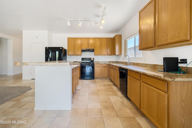 3347 S Desert Scroll Pl, Tucson, AZ 85735 - kitchen featuring black appliances, a sink, a center island, under cabinet range hood, and light stone countertops
