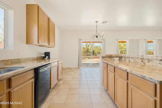 3347 S Desert Scroll Pl, Tucson, AZ 85735 - kitchen with dishwasher, a chandelier, light tile patterned floors, light brown cabinets, and light stone counters