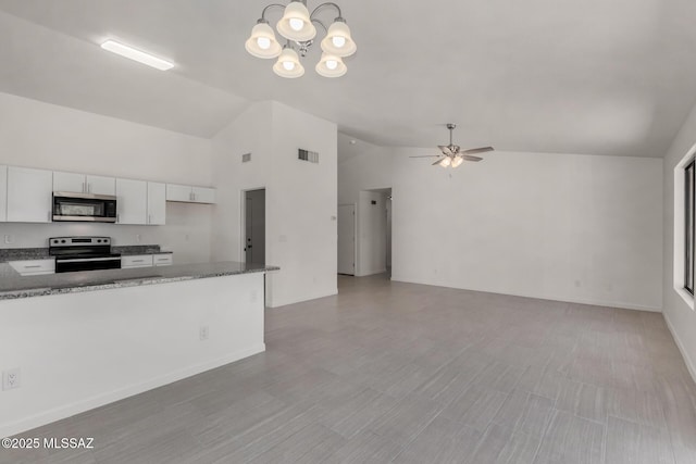 8072 S Carbury Way, Tucson, AZ 85747 - kitchen with stainless steel appliances, a chandelier, white cabinets, a ceiling fan, and open floor plan