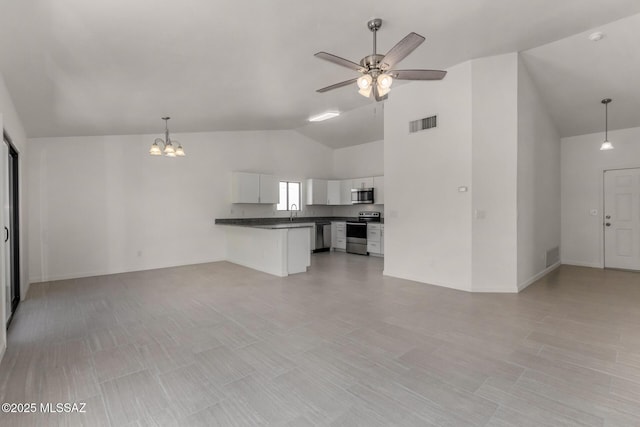 8072 S Carbury Way, Tucson, AZ 85747 - unfurnished living room featuring a ceiling fan, a chandelier, high vaulted ceiling, and a sink