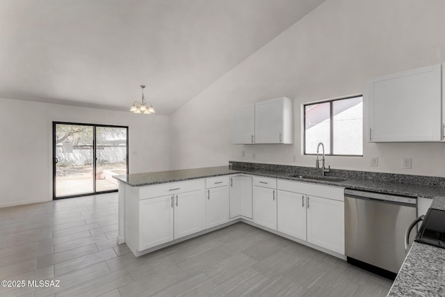 8072 S Carbury Way, Tucson, AZ 85747 - kitchen with a sink, dishwasher, a peninsula, a chandelier, and white cabinets