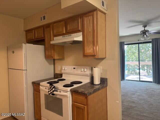 6301 N Barcelona Ct Unit 1010, Tucson, AZ 85704 - kitchen with white appliances, under cabinet range hood, dark countertops, a ceiling fan, and carpet floors