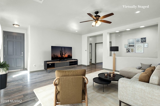 329 W Vuelta Friso, Sahuarita, AZ 85629 - living room featuring wood finished floors, a ceiling fan, recessed lighting, and baseboards
