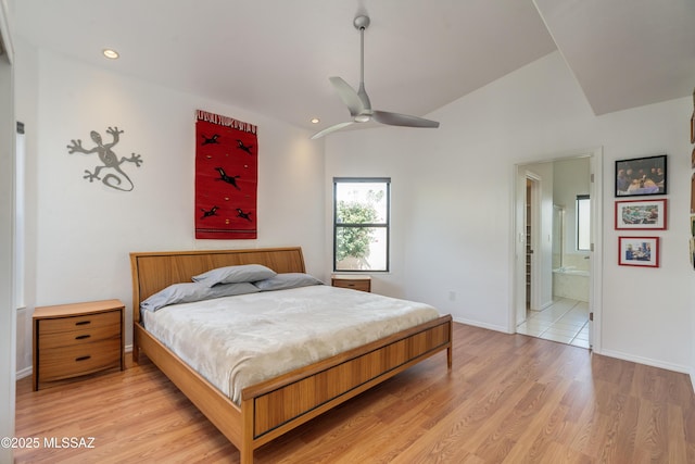 6061 N Tocito Pl, Tucson, AZ 85718 - bedroom featuring light wood-type flooring, baseboards, recessed lighting, ensuite bathroom, and a ceiling fan
