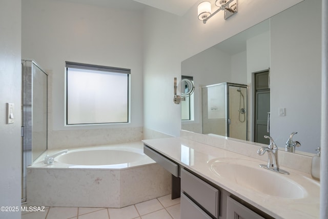 6061 N Tocito Pl, Tucson, AZ 85718 - full bathroom featuring a garden tub, vanity, a shower stall, and tile patterned flooring