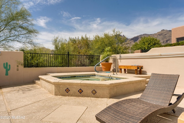 6061 N Tocito Pl, Tucson, AZ 85718 - view of patio / terrace featuring an in-ground hot tub and a mountain view