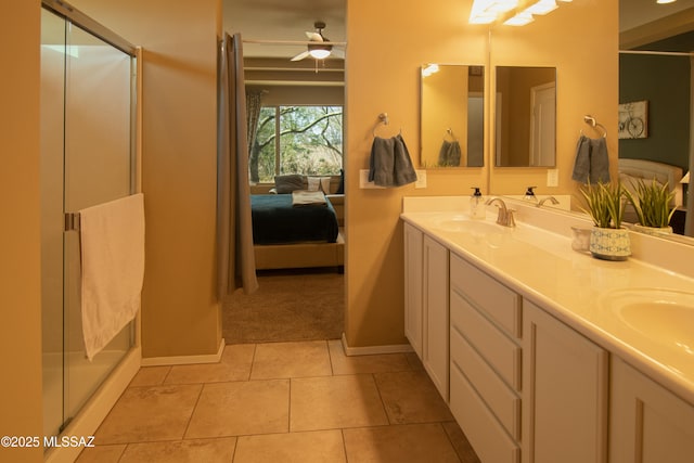 22100 E Statehood Ln, Red Rock, AZ 85145 - ensuite bathroom with double vanity, an enclosed shower, and a ceiling fan