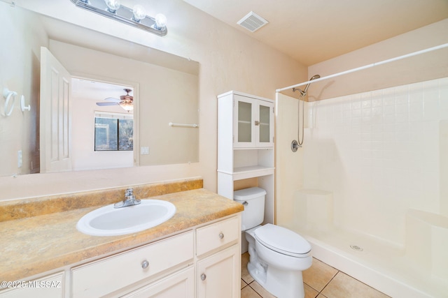 1448 N Calle Futura, Oracle, AZ 85623 - bathroom with tile patterned floors, toilet, a shower, vanity, and ceiling fan
