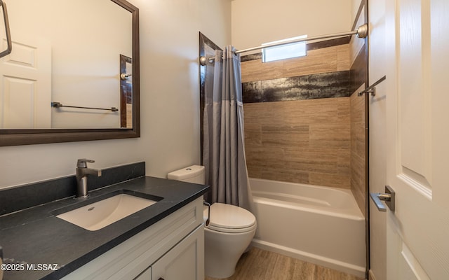13570 N Nightstar Ct, Marana, AZ 85658 - full bathroom featuring vanity, shower / bath combo with shower curtain, wood finished floors, and toilet