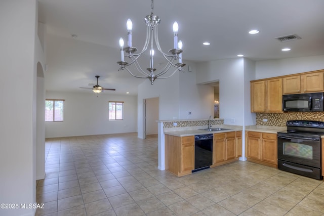 7077 S Cottontail Run Ave, Tucson, AZ 85756 - kitchen featuring black appliances, a sink, ceiling fan, light countertops, and recessed lighting