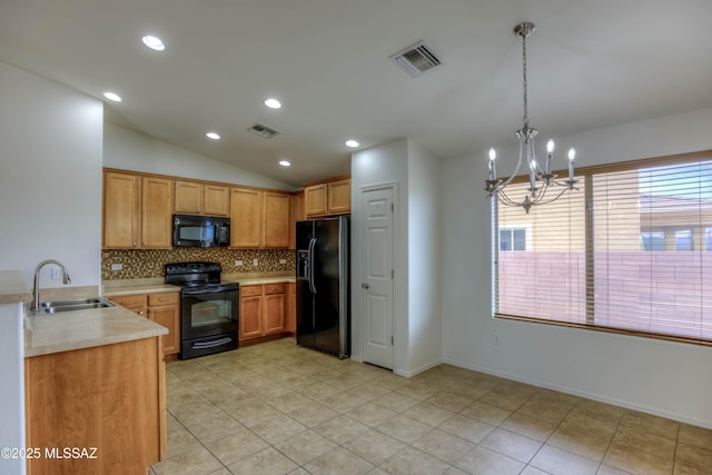 7077 S Cottontail Run Ave, Tucson, AZ 85756 - kitchen with black appliances, a sink, vaulted ceiling, a chandelier, and decorative backsplash