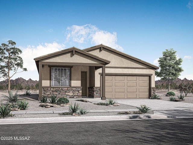 10128 S Arnold Ranch Ct, Vail, AZ 85641 - single story home with stucco siding, stone siding, a garage, decorative driveway, and a mountain view
