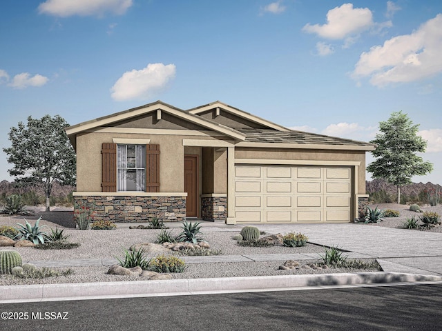 10112 S Arnold Ranch Ct, Vail, AZ 85641 - view of front facade with stucco siding, stone siding, an attached garage, driveway, and covered porch