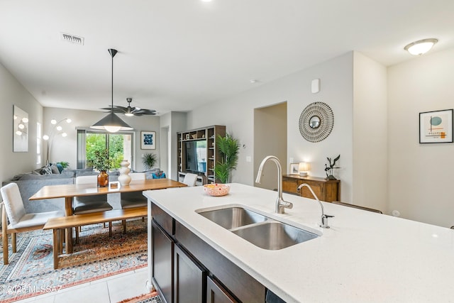 208 E Calle Trona, Green Valley, AZ 85614 - kitchen featuring a sink, open floor plan, light tile patterned floors, and ceiling fan