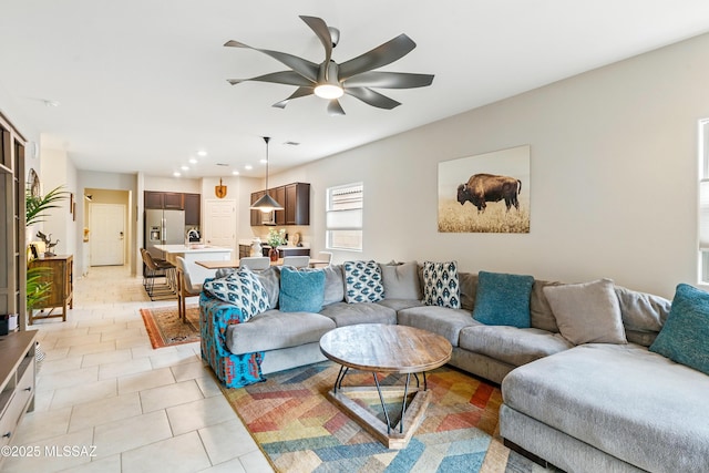 208 E Calle Trona, Green Valley, AZ 85614 - living room with a ceiling fan, recessed lighting, and light tile patterned floors