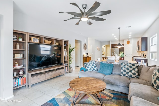 208 E Calle Trona, Green Valley, AZ 85614 - living room with ceiling fan, light tile patterned flooring, and recessed lighting