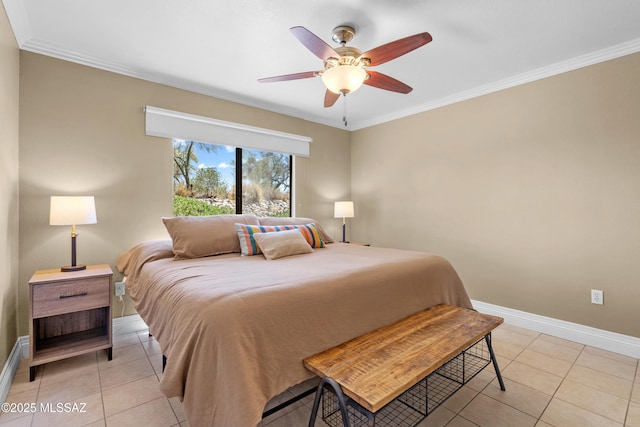 5751 N Kolb Rd Unit 23104, Tucson, AZ 85750 - bedroom with baseboards, light tile patterned floors, crown molding, and a ceiling fan