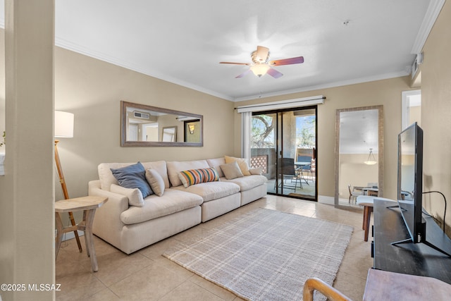 5751 N Kolb Rd Unit 23104, Tucson, AZ 85750 - living area featuring light tile patterned flooring, a ceiling fan, crown molding, and baseboards