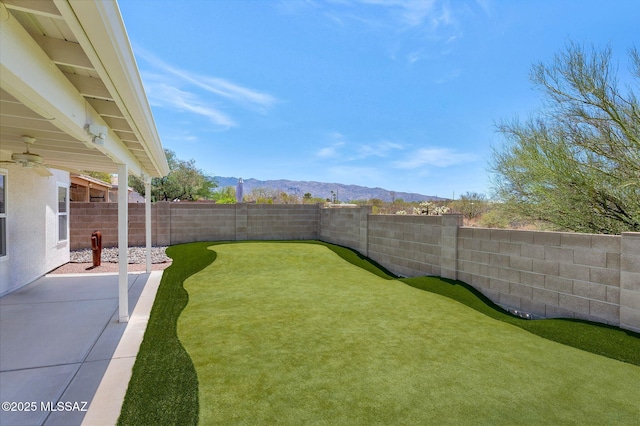 10140 E Pleasant View Way, Tucson, AZ 85748 - fenced backyard with a mountain view, ceiling fan, a putting area, and a patio
