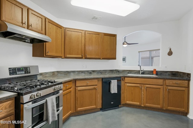 10140 E Pleasant View Way, Tucson, AZ 85748 - kitchen featuring gas stove, under cabinet range hood, dishwasher, a sink, and dark countertops