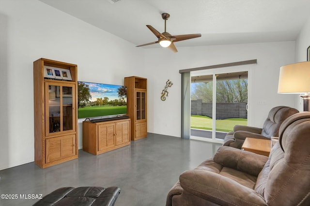 10140 E Pleasant View Way, Tucson, AZ 85748 - living room featuring concrete floors, ceiling fan, and high vaulted ceiling