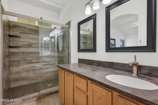 10140 E Pleasant View Way, Tucson, AZ 85748 - full bathroom with a stall shower, vanity, ceiling fan, and tile patterned flooring