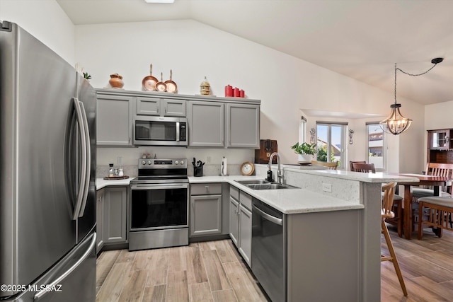 9586 E Paseo, San Bernardo, Tucson, AZ 85747 - kitchen featuring appliances with stainless steel finishes, gray cabinets, a sink, a peninsula, and vaulted ceiling