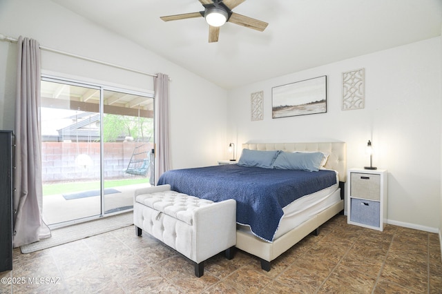 3521 W Camino De Talia, Tucson, AZ 85741 - bedroom featuring access to exterior, vaulted ceiling, stone finish floors, ceiling fan, and baseboards