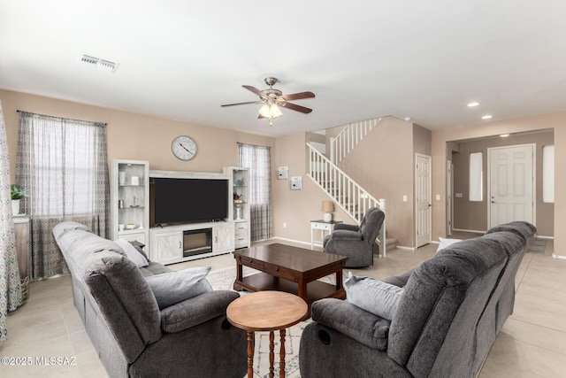 102 E Forrest Feezor St, Vail, AZ 85641 - living area with stairs, a ceiling fan, light tile patterned flooring, baseboards, and recessed lighting