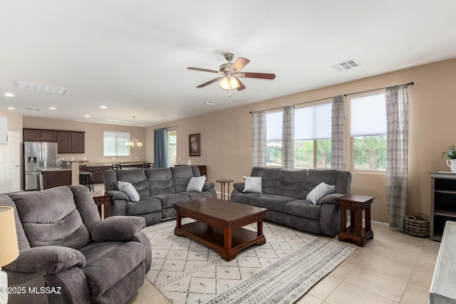 102 E Forrest Feezor St, Vail, AZ 85641 - living room with light tile patterned flooring, a chandelier, ceiling fan, recessed lighting, and baseboards
