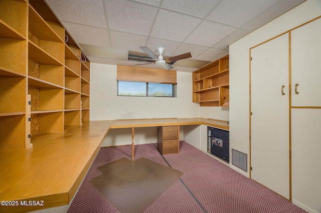 6532 N Cibola Ave, Tucson, AZ 85718 - unfurnished office with a drop ceiling, built in desk, carpet flooring, and a ceiling fan