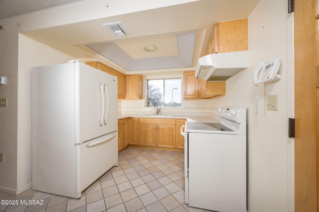 6532 N Cibola Ave, Tucson, AZ 85718 - kitchen with white appliances, ventilation hood, light tile patterned floors, a sink, and light countertops