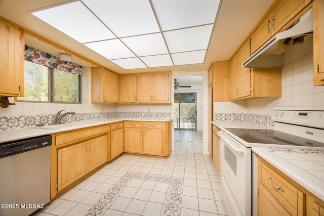 6532 N Cibola Ave, Tucson, AZ 85718 - kitchen featuring stainless steel dishwasher, white electric range oven, under cabinet range hood, a sink, and light countertops