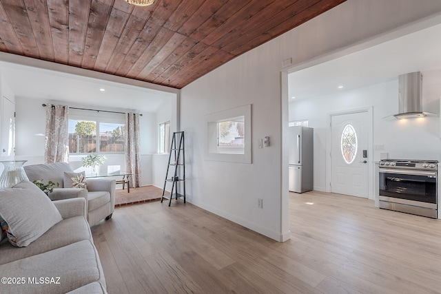 4038 E Bellevue St, Tucson, AZ 85712 - living area with light wood-type flooring, wood ceiling, baseboards, and recessed lighting