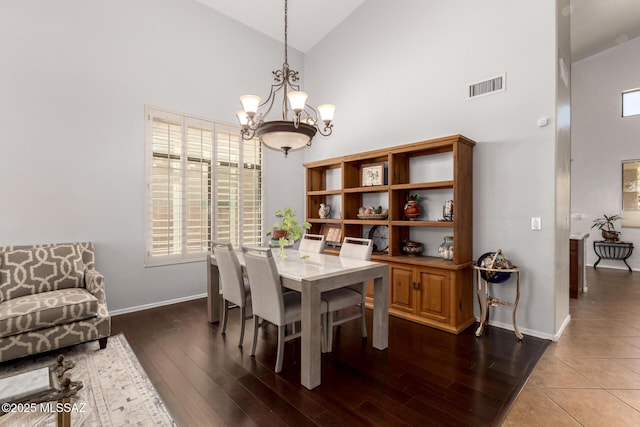 7397 W Crimson Ridge Dr, Marana, AZ 85743 - dining room with high vaulted ceiling, a chandelier, wood finished floors, and healthy amount of natural light