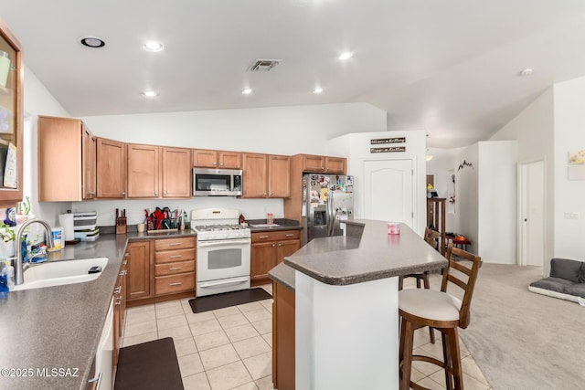 217 E Creosote Draw Rd, Vail, AZ 85641 - kitchen with stainless steel appliances, a sink, vaulted ceiling, a kitchen breakfast bar, and dark countertops