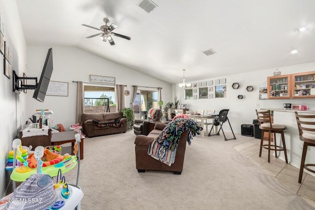 217 E Creosote Draw Rd, Vail, AZ 85641 - living area featuring a ceiling fan, light carpet, vaulted ceiling, and recessed lighting