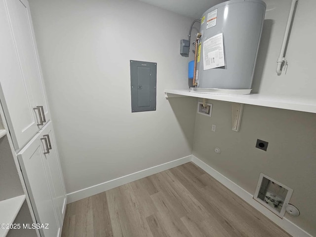 2020 E River Rd Unit 205, Tucson, AZ 85718 - laundry area featuring washer hookup, electric dryer hookup, electric panel, water heater, and light wood-style flooring