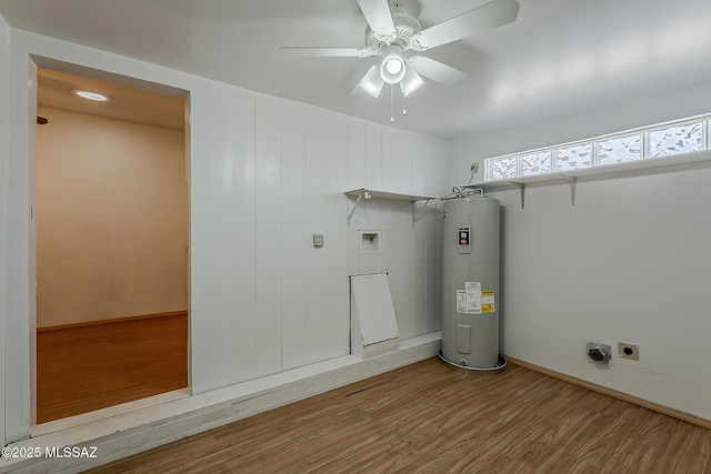 7821 N Jensen Dr, Tucson, AZ 85741 - washroom featuring water heater, wood finished floors, hookup for an electric dryer, ceiling fan, and washer hookup