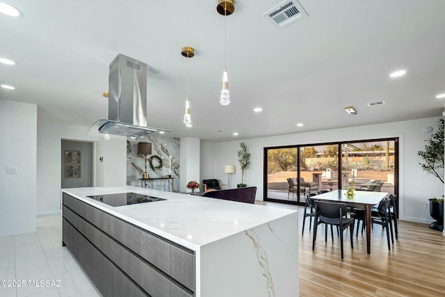 4939 E River Rd, Tucson, AZ 85718 - kitchen featuring black electric stovetop, island range hood, modern cabinets, a spacious island, and recessed lighting
