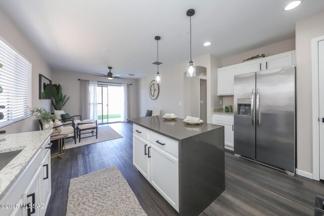 Tucson, AZ 85748 - kitchen featuring stainless steel refrigerator with ice dispenser, dark wood-style flooring, white cabinets, a ceiling fan, and recessed lighting